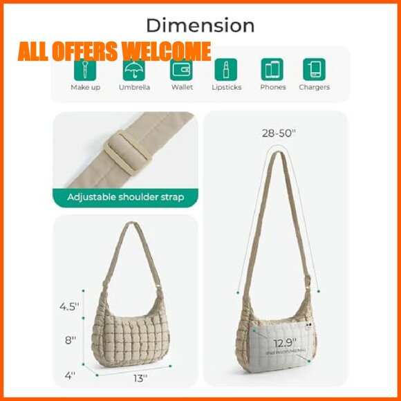 Quilted Puffy Crossbody Hobo Bag, Adjustable Strap, Water-Resistant Nylon - Picture 5 of 8